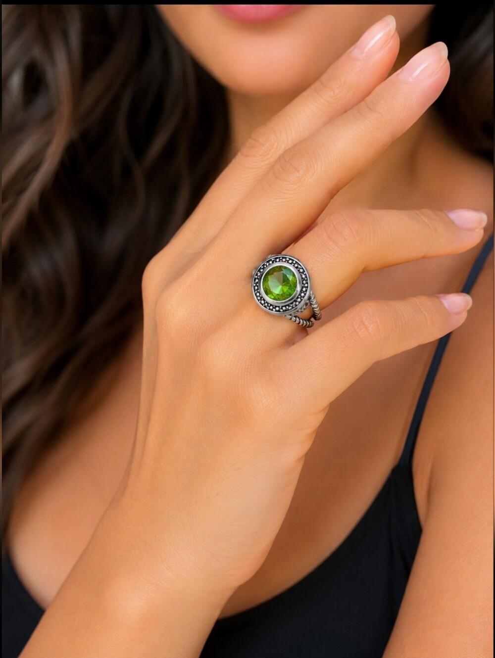 Sterling Silver Green Gemstone Ring - Elegant Women's Statement Ring